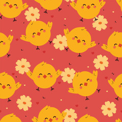 seamless pattern cartoon chick and flower. cute animal wallpaper for fabric print, gift wrap paper