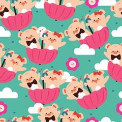 seamless pattern cute cartoon pig playing with umbrella under the blue sky. cute animal drawing for wallpaper, pattern, background