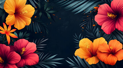 Tropical Hibiscus Flowers and Palm Leaves on Dark Background, vibrant, colorful, orange, red, pink