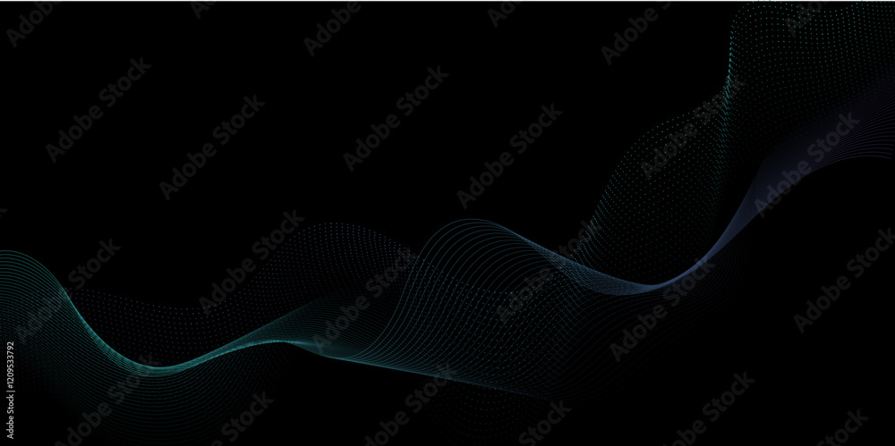Aufkleber Abstract wavy dotted curved line dark black background. vector futuristic background with particle waves Beautiful shaped array of glowing line. abstract volume voice technology vibrate and mus.