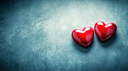 Two Shiny Red Heart Sculptures on Textured Gray Surface