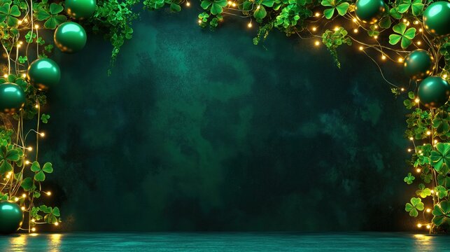 Shamrock-themed party decor with glowing festive lights