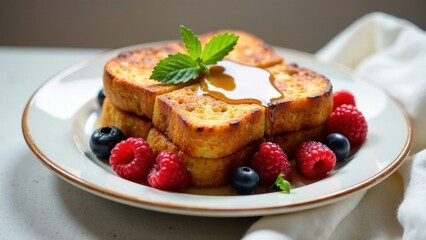 Golden-brown French toast, drizzled with syrup, served with fresh raspberries and blueberries on a plate