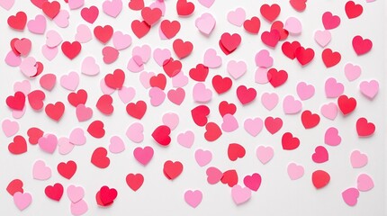 vibrant red and pink heart-shaped confetti on a white background for valentines day, wedding invitations, greeting cards, social media posts, flyers, love promotions