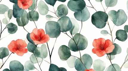 Elegant Floral Pattern with Soft Red Flowers and Green Leaves