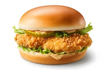 A fried chicken sandwich with pickles, lettuce and a sauce isolated on a white background