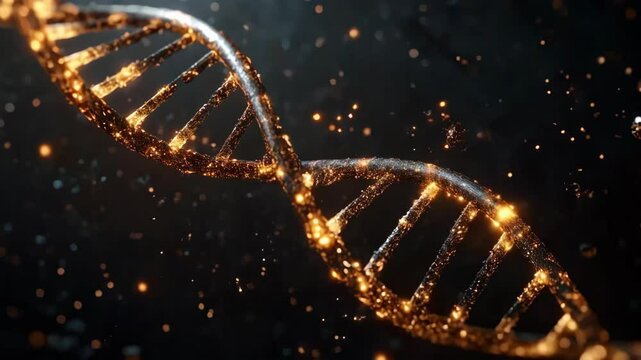 Explore the intricate structure of DNA highlighted by shimmering golden strands and particles.