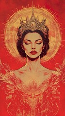 Fototapeta premium Serene Queen: A Red and Gold Fantasy Portrait