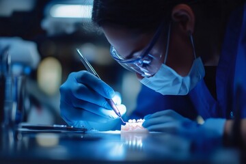 Dental technician working on a denture mold in a laboratory