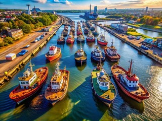 Aerial View of Tugboat Fleet Moored in Harbor - Top-Down Drone Shot