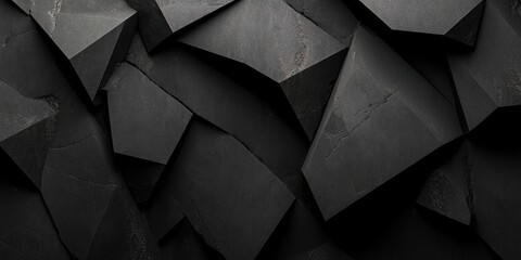 Abstract black stone background featuring angular black rock formations arranged in layers creating depth and texture with subtle light reflections.