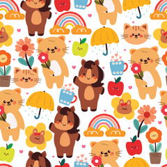 seamless pattern cute cartoon horse and cat with umbrella and cute element. cute animal pattern for wallpaper, background and gift wrap paper