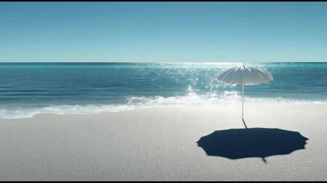 Relaxing beach setting features a white umbrella and clear sky over calm water.