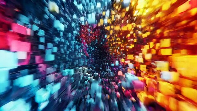 Experience a captivating display of colorful cubes swirling in a digital vortex.