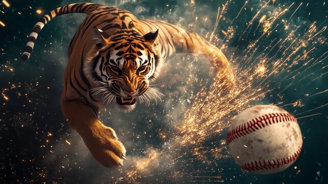 A tiger striking a baseball that shatters into fireworks