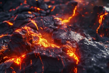 Streams of glowing molten lava flowing over dark volcanic rock during eruption