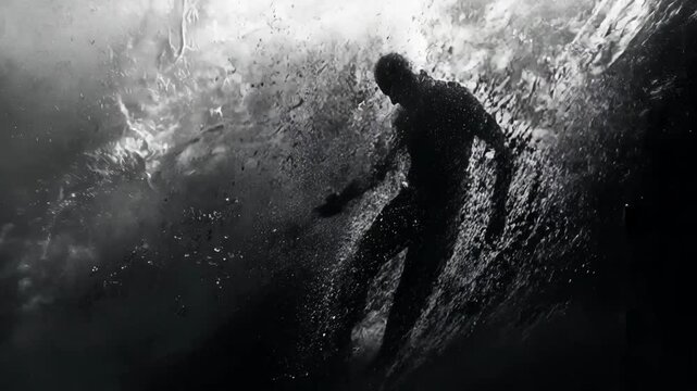 A person stands in falling water, forming a striking silhouette against a dark background.