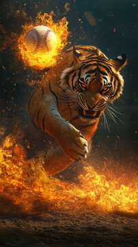 A tiger hitting a baseball that turns into a fireball mid-air 