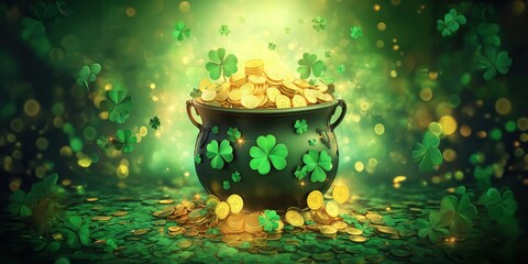 Magical pot of gold with shimmering coins