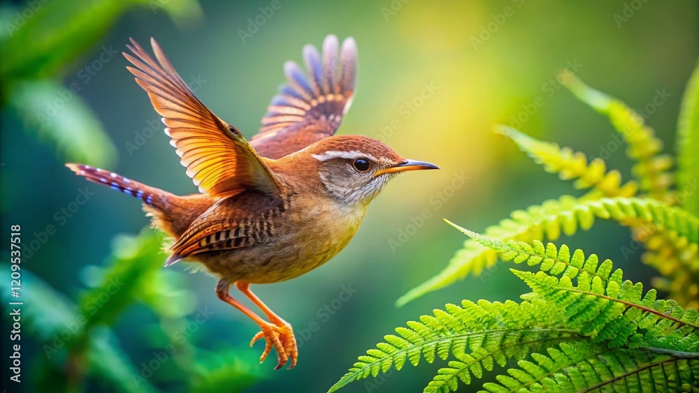 Wall mural aerial view of wren bird in flight, agile acrobatics display