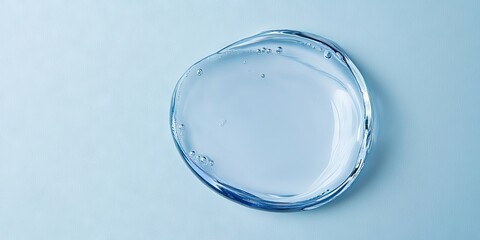 Clear gel serum texture on pale blue background, featuring smooth circular shape with bubbles, ideal for skincare and beauty product promotion.