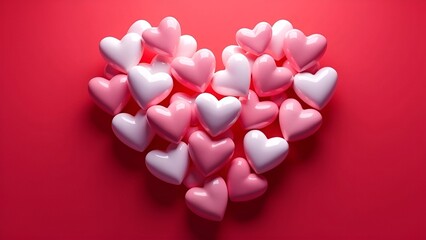 Many small pink and white hearts lie in the shape of a big heart on a red background. Valentine's Day. Mother's Day