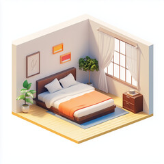 This charming isometric 3D rendering depicts a cozy bedroom scene, complete with a bed, nightstands, a window with curtains