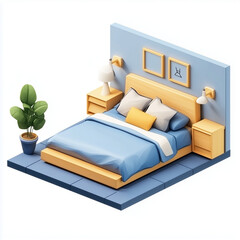 This charming isometric 3D rendering depicts a cozy bedroom scene, complete with a bed, nightstands, a window with curtains