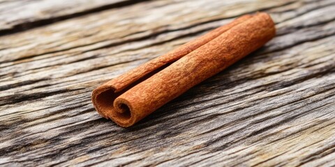 Cinnamon stick resting on weathered wooden surface showcasing rich brown tones and natural texture with curled ends prominent in the composition