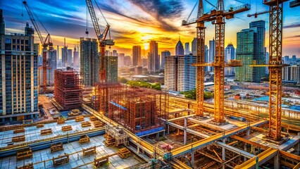Fototapeta premium Aerial View Urban Construction Site Steel Rebar Cranes Drone Photography