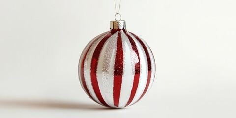 Glittering Christmas ornament with red and white stripes hanging against a soft white background, showcasing a festive holiday spirit.