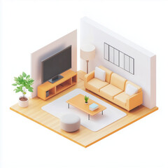 a cozy living room scene from an isometric perspective, showcasing various furniture
