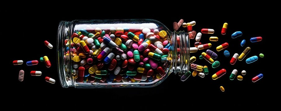 Overflowing jar of colorful pills in mid-air, symbolizing medication overload, pharmaceutical treatments, healthcare, and drug dependence