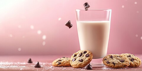 Chocolate chip cookies splashing into a glass of milk on a wooden surface with cookies beside, textured pink backdrop creating a warm ambiance