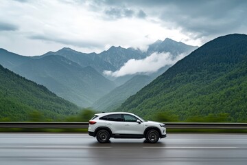 A white SUV driving on the highway, with green mountains in front of it, white clouds floating above the mountain peaks, and green trees along both sides of the road.