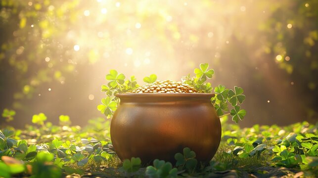 Pot of gold with sunlight and clovers around