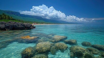 Fototapeta premium Tropical beach rocks turquoise water mountain backdrop summer vacation