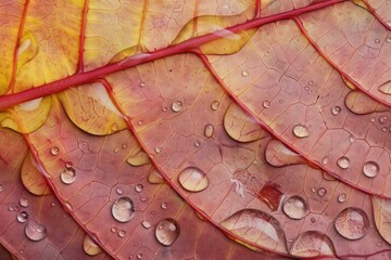 Fototapeta premium Close up of water droplets clinging to the intricate veins of a colorful autumn leaf