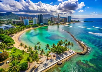 Obraz premium Ala Moana Beach Hawaii: Stunning Aerial Slow-Motion Sunrise