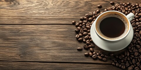 Aromatic black coffee in a white cup surrounded by roasted coffee beans on a rustic wooden table with ample copy space on the left