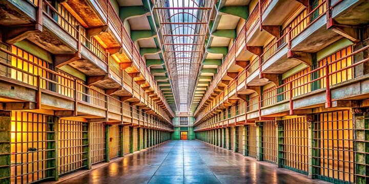 Alcatraz Interior: Historic American Prison Cell Block,  Copy Space Left