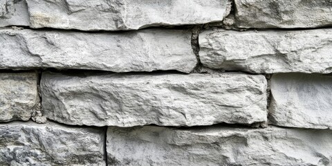 Textured closeup of a grey stone wall with rough, uneven surface, featuring light and dark grey tones, arranged in a horizontally stacked pattern.