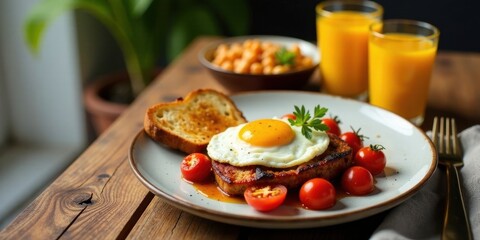 Delicious fried egg atop savory meatloaf, served with toasted bread and ripe cherry tomatoes, accompanied by a refreshing citrus beverage