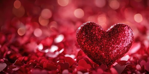 Red glitter heart in foreground on a blurred bokeh background of red hearts, creating a romantic Valentine's Day atmosphere.