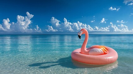 Pink flamingo inflatable floating on calm turquoise ocean under cloudy sky