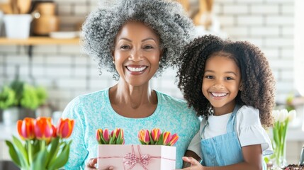 Grandma's Gift: A heartwarming portrait of a smiling grandmother and her granddaughter, sharing a moment of joy with a box of vibrant tulips.  The scene radiates love, warmth.