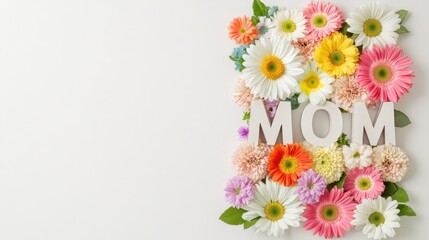 Mom's Day Floral Arrangement:  A vibrant and colorful arrangement of daisies and gerbera daisies creates a beautiful frame around the word "MOM".