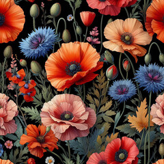 poppies, wild roses, and cornflowers with leaves on a black background hand-drawn watercolor Seamless pattern design