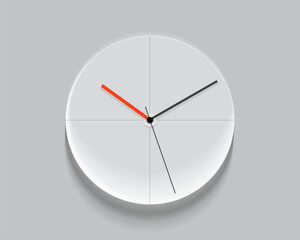 Simple light classic clock in realistic flat style, with a red arrow. Time on white background. Business watch. Vector design element for you project