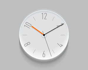 Simple light classic clock in realistic flat style, with a orange arrow and numbers. Time on white background. Business watch. Vector design element for you project